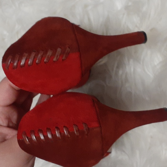 Vtg Salvatore Ferragamo Red & Burgundy Suede Colorblock Patchwork Heels Size 8 - Picture 11 of 12
